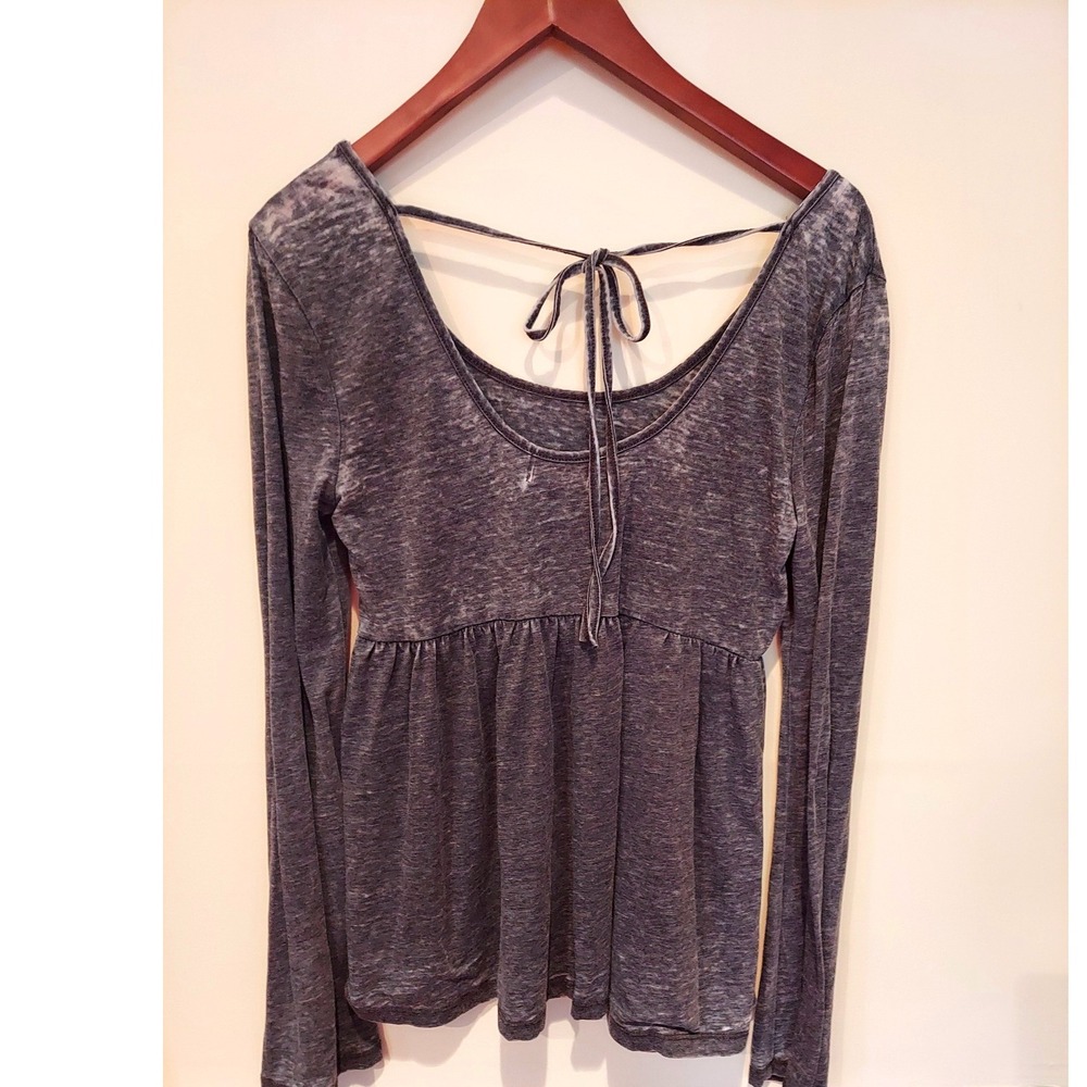 Altar'd State Womens Small Gray Acid Wash Tie Back Babydoll Long Sleeve Top Boho